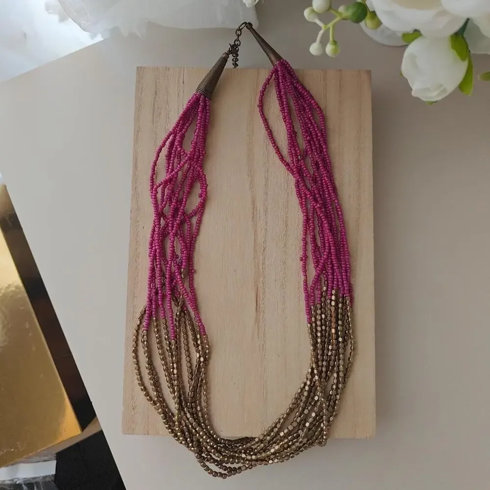 Boho fuschia and bronze two tone multi strand seed bead necklace